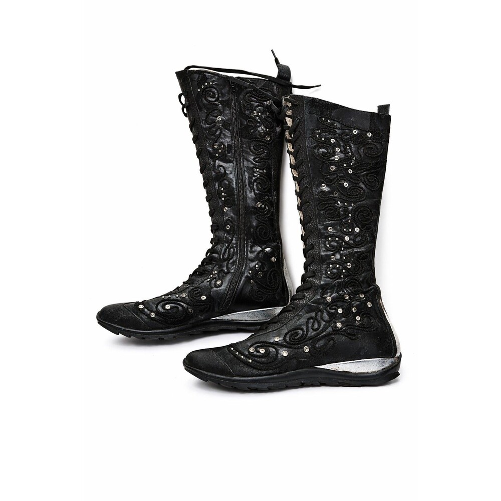 Vintage Moto Boxing Boots EUR 37 Black Leather Lace Up Zip Studded Punk Gothic